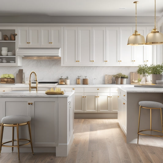 A warm, inviting kitchen with soft, golden lighting, featuring a large, white, quartz-topped island with built-in shelving, surrounded by sleek, handle-less cabinets in a calming gray hue.