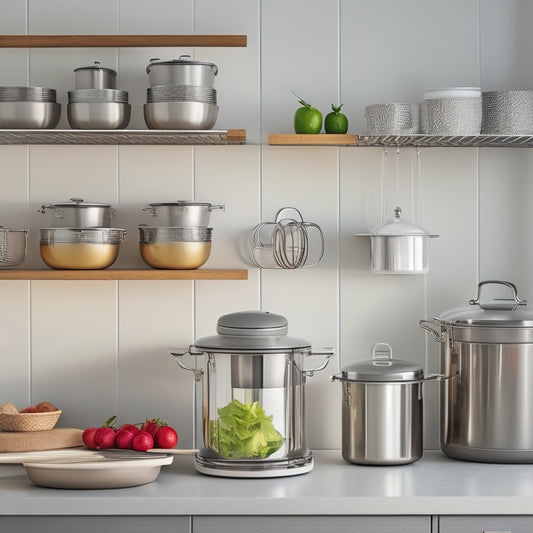 A clutter-free kitchen with a sleek, stainless steel lid rack storage system installed on a wall, holding various lid sizes, with a few lids slightly ajar, and a faint kitchen counter reflection.