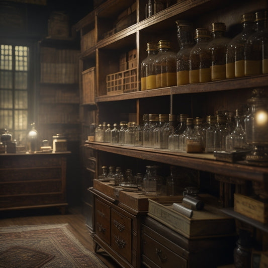 A dimly lit archive room with rows of wooden shelves, holding vintage photographs in ornate frames, alongside glass jars filled with developing chemicals, and a single, delicate, antique camera on a nearby workbench.