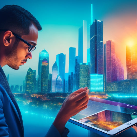 A stylized illustration of a person holding a tablet, surrounded by swirling digital pages and 3D flipbooks, with a cityscape or futuristic background, conveying innovation and modernity.