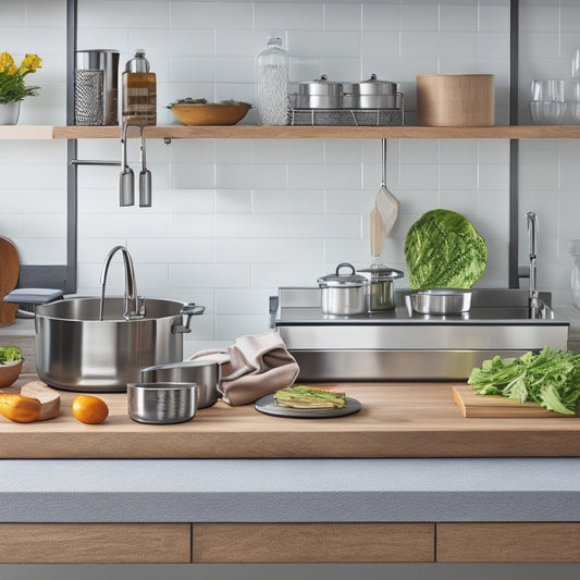 A sleek, modern kitchen countertop with a built-in cutting board, utensil holders, and a tiered shelf system in a stainless steel and wood finish, surrounded by neatly arranged kitchen essentials.