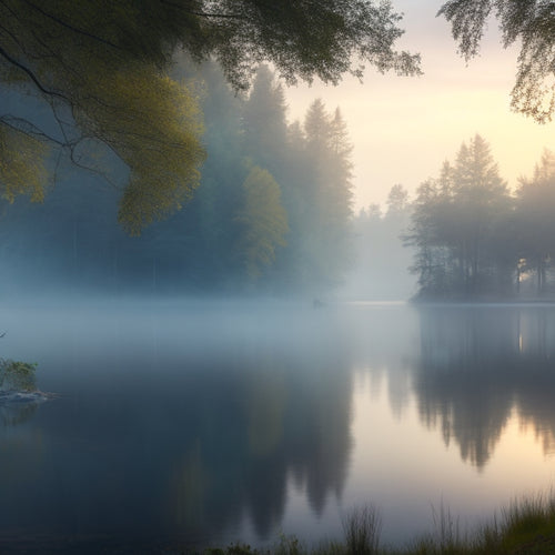 A serene, misty lake at dawn, surrounded by towering trees, with a subtle, glowing aura emanating from the water's surface, reflecting a faint, shimmering warehouse in the distance.