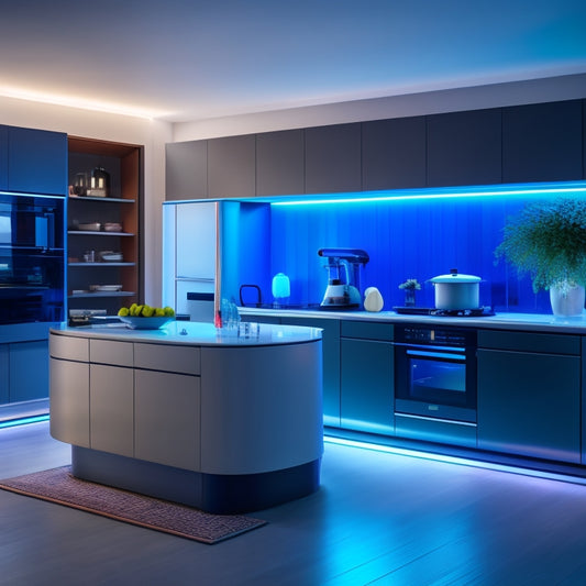 A sleek, modern kitchen with a futuristic island at its center, featuring a holographic display and a robotic arm preparing a meal, surrounded by minimalist cabinets and ambient LED lighting.