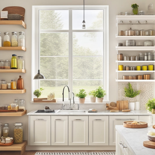 A bright, airy kitchen with sleek countertops and a large window letting in natural light, showcasing a pegboard with hooks, baskets, and containers, and a pull-out spice rack with labeled jars.