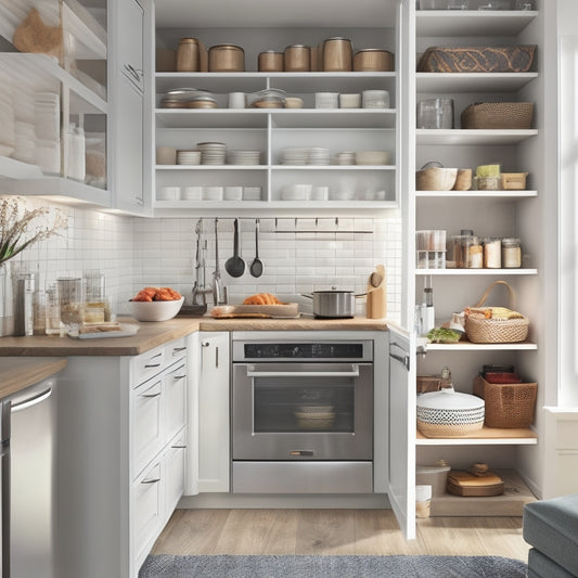 A modern kitchen with sleek, handle-less cabinets, featuring a pull-out pantry with labeled baskets, a utensil organizer with dividers, and a pull-down shelf with a cooking utensil holder, amidst a warm, natural light.