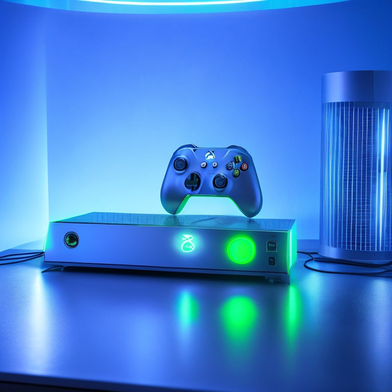 A futuristic, neon-lit gaming console surrounded by glowing orbs, with a shimmering silver Xbox logo at its center, and a subtle grid pattern in the background, evoking a sense of exclusivity and high-tech sophistication.