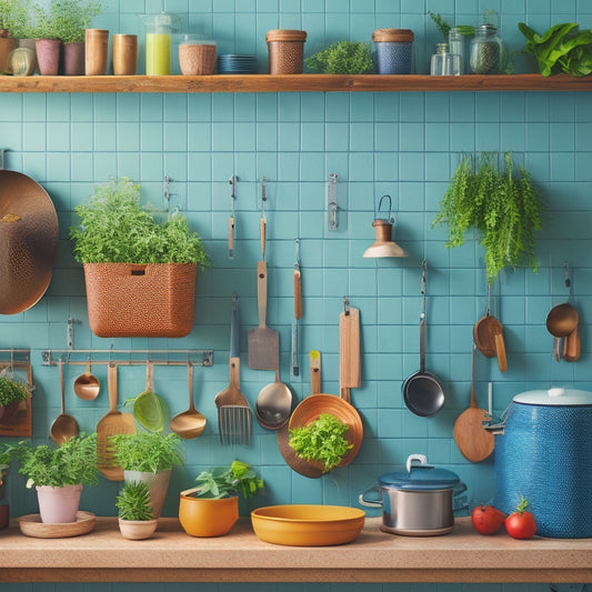 A tidy kitchen with a pegboard on the wall, holding neatly arranged pots and pans of various sizes, with hooks and a utensil organizer, surrounded by a few fresh herbs and a small vase with flowers.