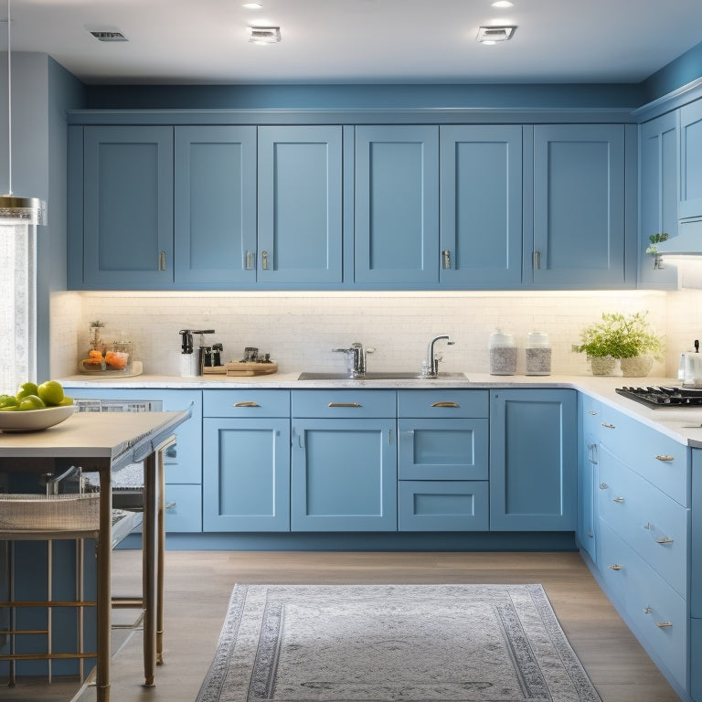 A bright, modern kitchen with a wall of custom-built cabinets in a soft, calming blue hue, with open shelves, drawers, and a built-in desk area, surrounded by sleek appliances.