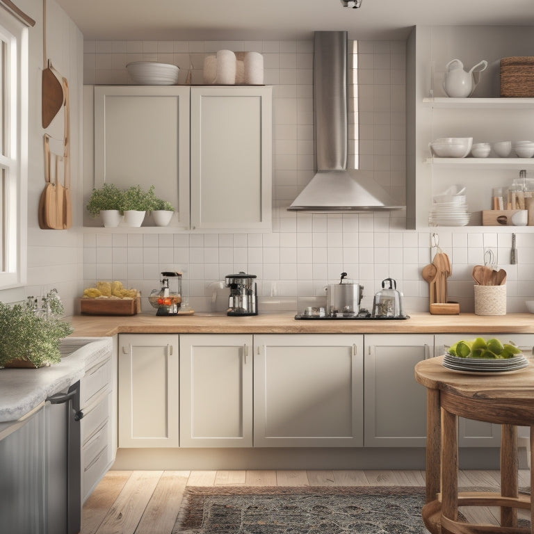 A serene kitchen with a few, carefully placed, minimalist decorations, featuring a utensil organizer on the counter, a labeled spice rack, and a few sleek, matching appliances.