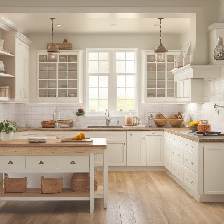 A serene kitchen interior with creamy white cabinets, warm wood accents, and a large island featuring a built-in utensil organizer, a tiered spice rack, and a pull-out trash can.