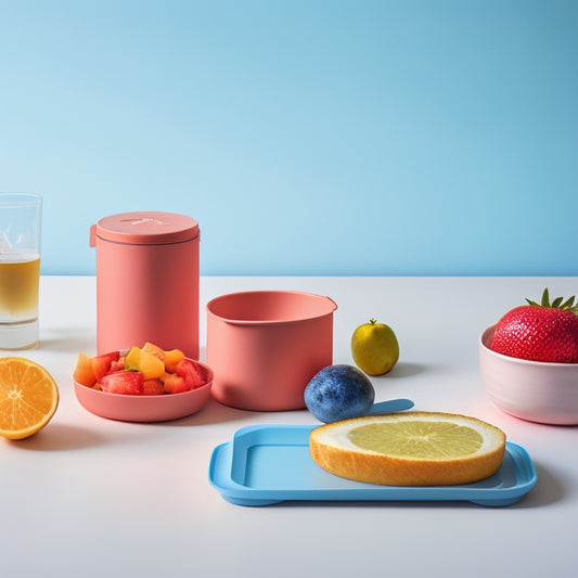 A minimalist kitchen counter with a collapsed silicone lunch box, a rolled-up silicone placemat, and a compact silicone storage container, surrounded by a few fresh fruits and a utensil.