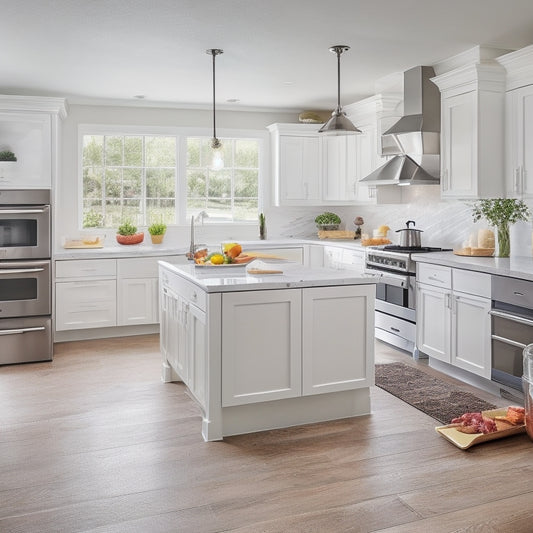 A bright, modern kitchen with sleek white cabinets, stainless steel appliances, and a large center island featuring a built-in cooktop, surrounded by neatly organized cookbooks, utensils, and gourmet ingredients.