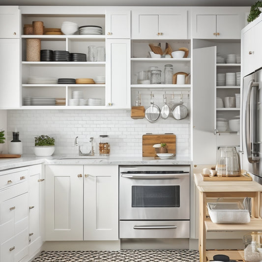 A bright, modern kitchen with sleek, white cabinets, featuring a pull-out spice rack, a lazy Susan in a corner cabinet, and a pegboard on the back of a door, surrounded by gleaming appliances.