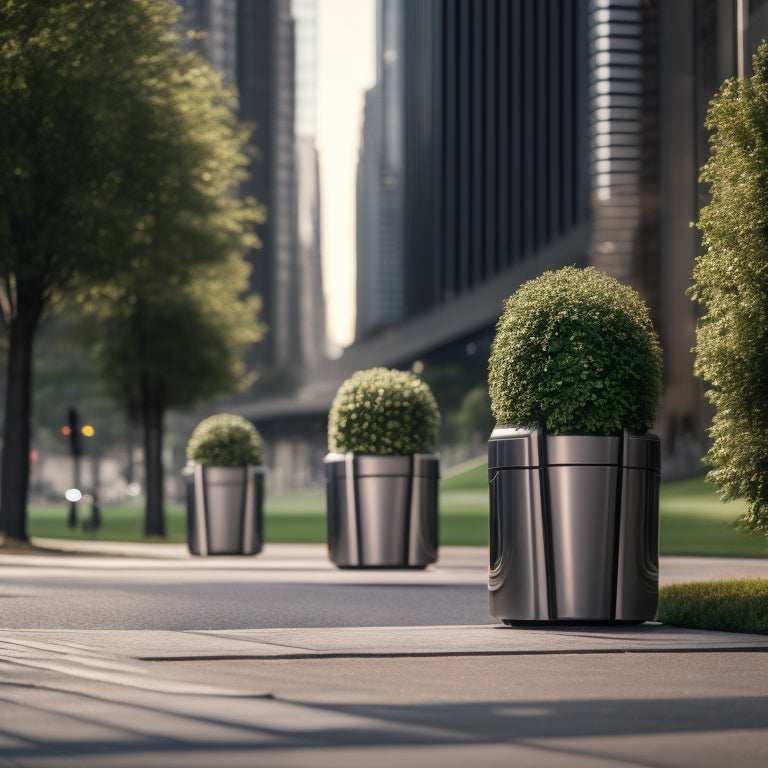 A futuristic cityscape with sleek, silver garbage bag holders shaped like miniature skyscrapers, lining a clean sidewalk, surrounded by lush greenery and spotless pavement.