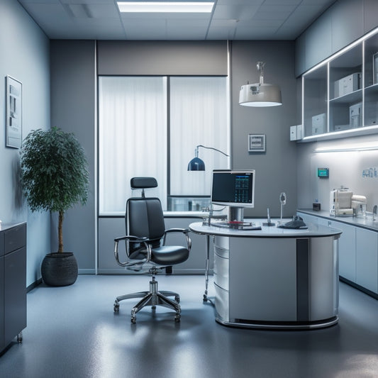A sleek, modern examination room with a stainless steel Midmark table at its center, surrounded by futuristic medical equipment and soft, calming LED lighting.