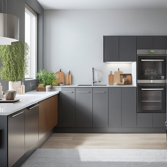 A sleek, modern kitchen with a clutter-free countertop, featuring a built-in knife block, a wall-mounted utensil organizer, and a hidden trash can, surrounded by gleaming appliances and minimalist decor.