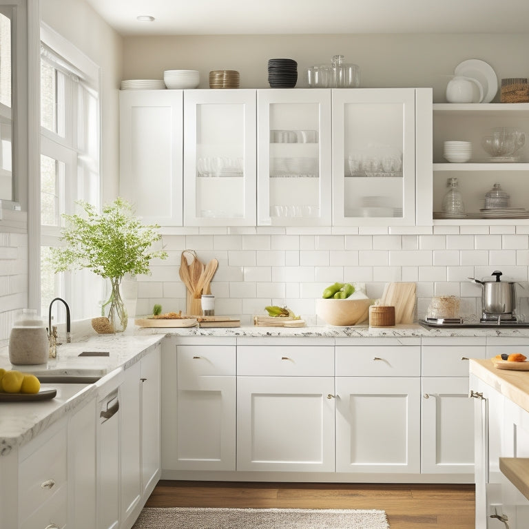 A bright, modern kitchen with sleek white cabinets, filled with organized contents: stacked plates, utensils in dividers, and a Lazy Susan corner, illuminated by soft, natural light.