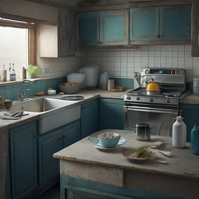 A messy kitchen with a sagging cabinet, its doors slightly ajar, and a heavy sink precariously installed, with visible cracks in the countertop and walls, conveying a sense of imminent collapse.