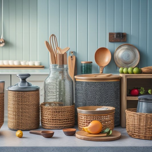 A tidy kitchen countertop with various utensil storage containers in different shapes, sizes, and materials, such as wicker baskets, metal canisters, and ceramic jars, arranged artfully and overflowing with kitchen tools.