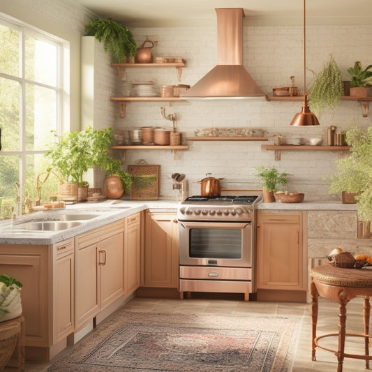 A bright and airy kitchen with warm golden lighting, featuring a large island with a built-in cooktop, surrounded by lush greenery, and adorned with vintage copper accents and playful ceramic tiles.