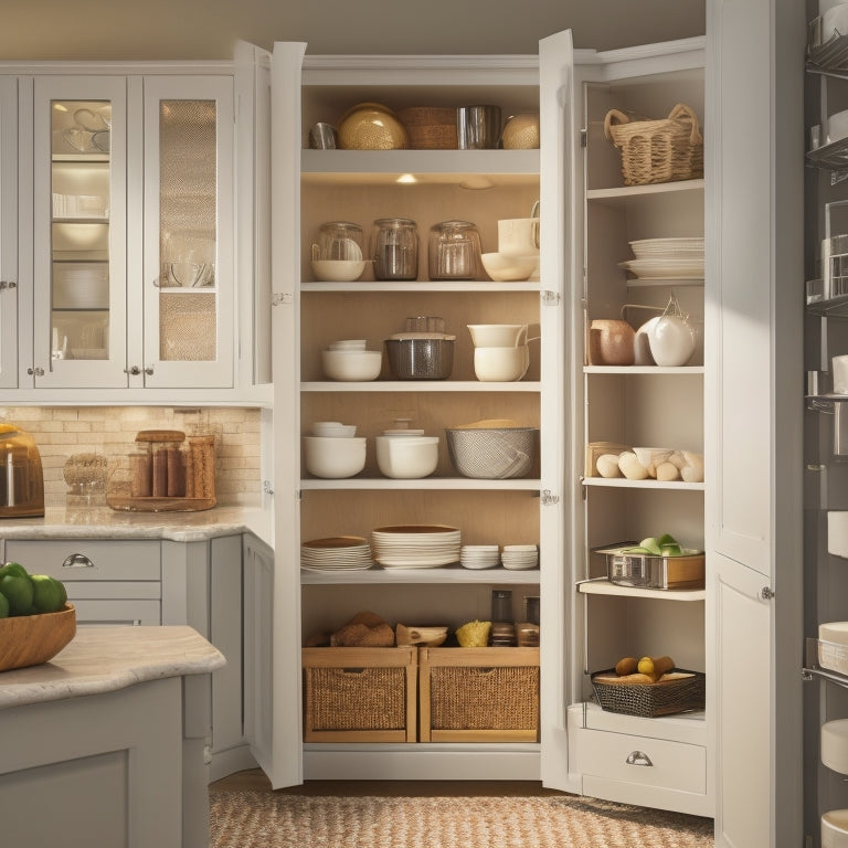 A clutter-free corner kitchen cabinet with a lazy Susan, pull-out baskets, and adjustable shelves, illuminated by soft, warm lighting, showcasing a harmonious blend of form and function.