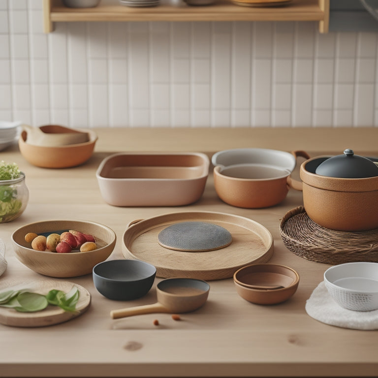 A tidy kitchen countertop with a wooden or bamboo storage board featuring 5-7 neatly arranged pot lids of varying sizes, with small divots or grooves to hold each lid in place.