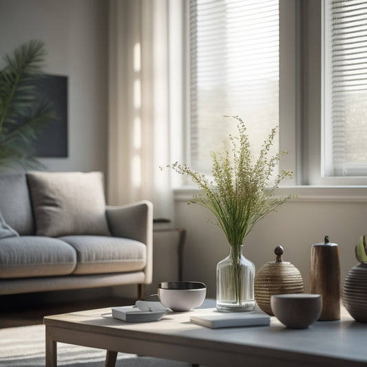 A serene, decluttered living room with a few, carefully placed items, such as a single vase on a minimalist coffee table, surrounded by a subtle glow of natural light filtering through blinds.