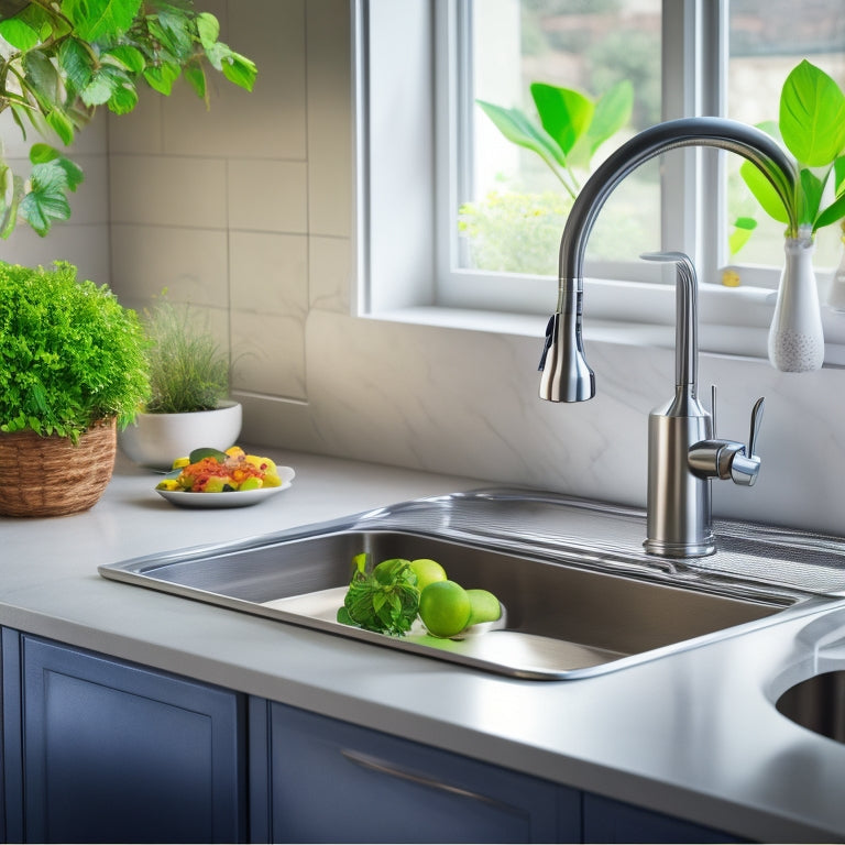 A stainless steel sink with a sleek, modern faucet, surrounded by a tidy kitchen countertop with a few utensils and a small potted plant, featuring the new John Boos sink cover holder prominently displayed.