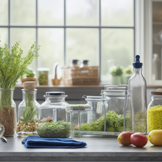 A serene kitchen counter with a few, neatly arranged, transparent glass containers filled with vibrant, portioned-out meals, alongside a few fresh herbs and a utensil organizer with a few sleek utensils.