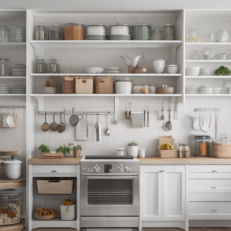 A well-organized, modern kitchen with a neutral color palette, featuring a utensil organizer on the counter, a pegboard on the wall, and a pantry with baskets and labeled shelves.