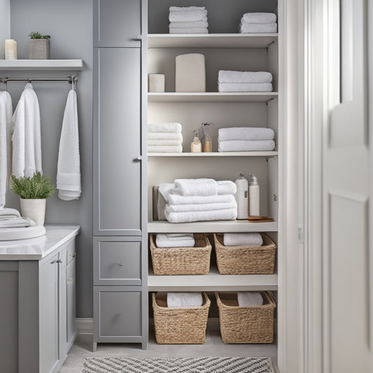 A serene, well-lit bathroom closet with sleek, white shelves and drawers, organized with rolled towels, baskets, and minimalist decor, surrounded by a calming, soft-gray background.