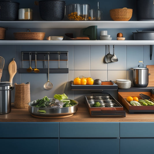 A modern kitchen with sleek countertops, a utensil drawer system with dividers and ergonomic handles, and a selection of neatly organized cooking tools and gadgets in a warm, inviting lighting.