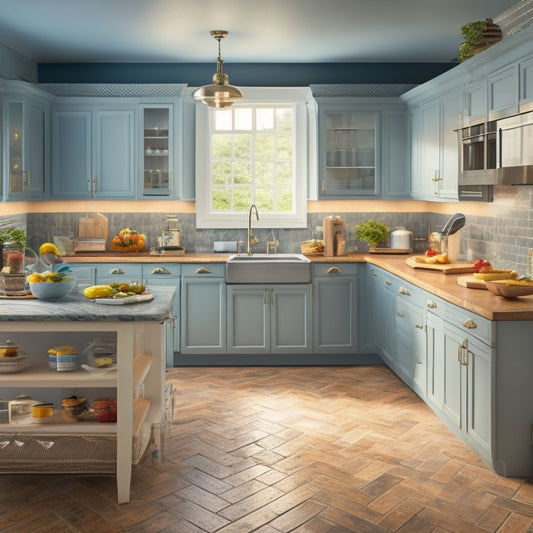 A kitchen with a traditional L-shaped counter and a large, empty corner space, surrounded by utensils and appliances, with a faint outline of a carousel or lazy Susan in the corner, hinting at potential optimization.