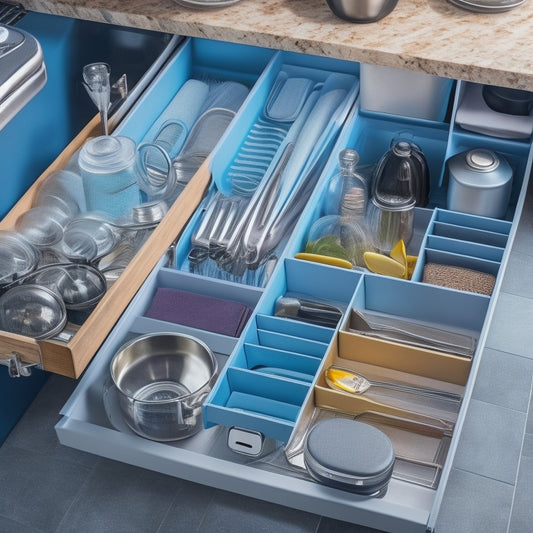 A tidy kitchen drawer filled with assorted lids, organized using dividers, baskets, and adhesive magnets, with a few lids standing upright in a compact row, and a small utensil holder in the corner.