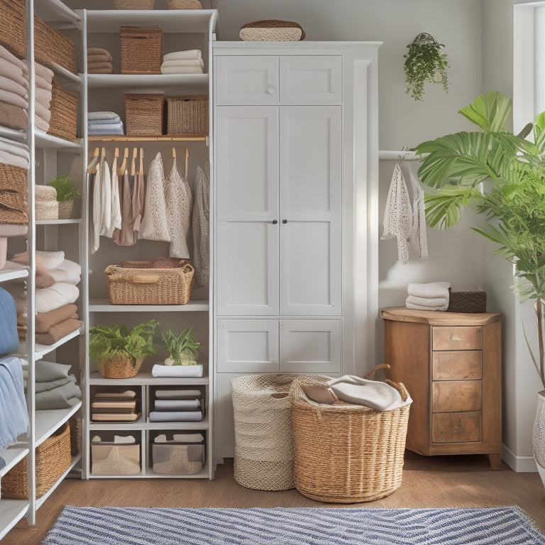 A tidy, well-lit closet corner with a 5-tier shelving unit, wicker baskets, and a retractable laundry sorter, surrounded by neatly folded clothes and a few decorative plants.