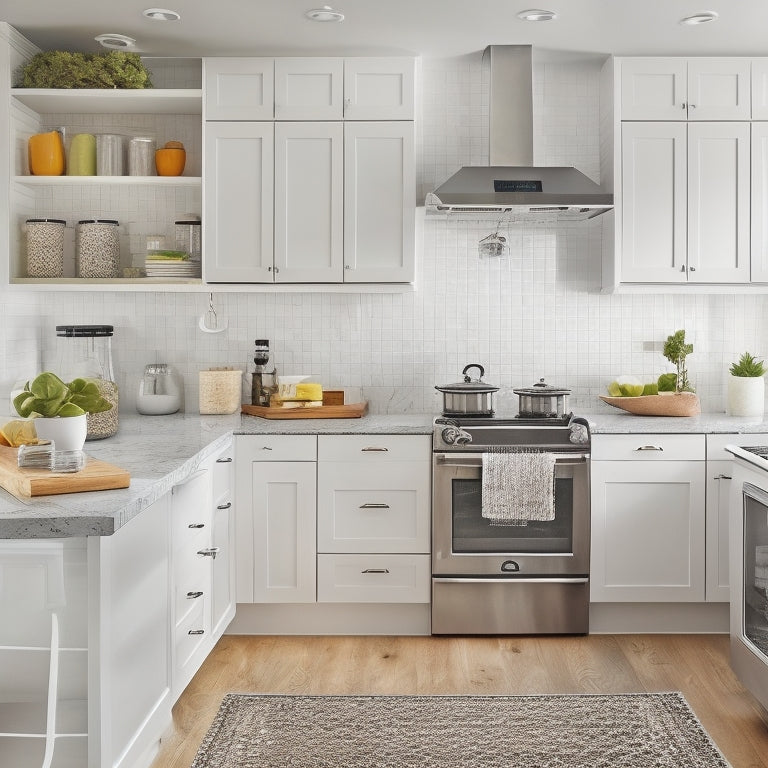 A bright, modern kitchen with sleek white cabinets, a large island, and a stainless steel refrigerator, featuring a pegboard with hanging utensils, a spice rack, and a tidy countertop with a few decorative vases.