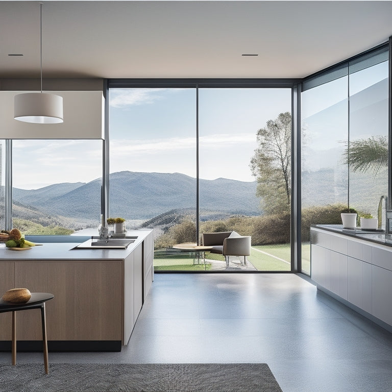 A bright, modern open-plan kitchen and living area with a sleek island, minimalist decor, and a large window with a scenic view, showcasing a harmonious blend of functionality and style.