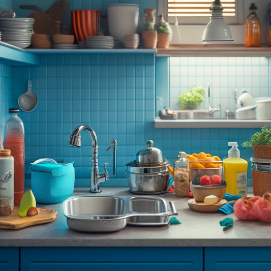 A cluttered kitchen with dirty dishes piled high, utensils scattered on countertops, and a sink full of soap suds, contrasted with a small, sleek robot in the corner, shining a single spotless dish.