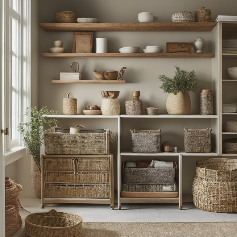 A serene, clutter-free room with a mix of open shelving, closed cabinets, and woven baskets in natural materials, filled with neatly folded linens, books, and decorative objects in muted colors.