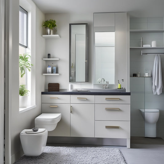 A sleek, modern bathroom with a wall-mounted cabinet featuring pull-out shelves, a pedestal sink with a built-in storage drawer, and a floor-to-ceiling storage unit with frosted glass doors.