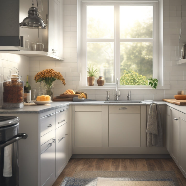 A sparkling clean kitchen with a few strategically placed cleaning supplies, a spotless sink, and a stainless steel trash can with a slight open lid, surrounded by a warm, natural light.