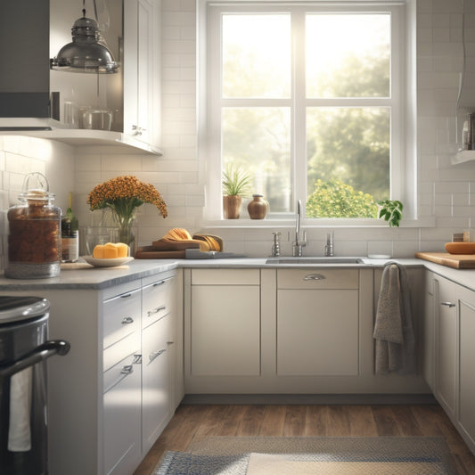 A sparkling clean kitchen with a few strategically placed cleaning supplies, a spotless sink, and a stainless steel trash can with a slight open lid, surrounded by a warm, natural light.