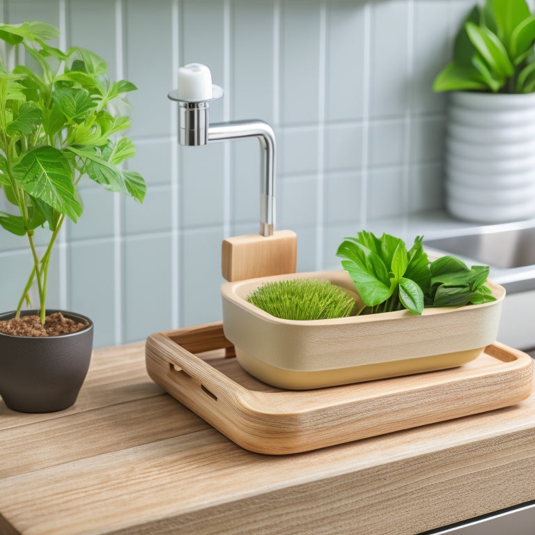 A wooden or bamboo sink caddy with three compartments, adorned with a small potted herb plant, holding a sponge, dish soap, and a few kitchen utensils like a spatula and tongs, against a light-gray kitchen background.