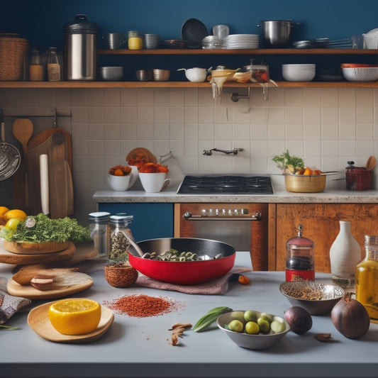 A cluttered kitchen counter with a messy array of utensils, spices, and appliances, contrasted with a sleek, organized counter featuring a custom insert with neatly arranged items and ample negative space.