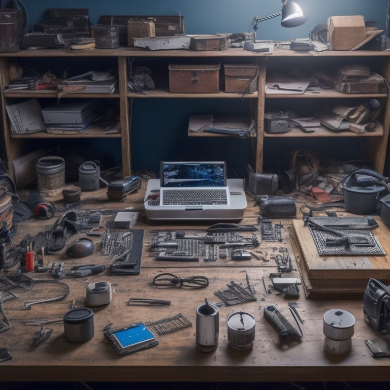 A cluttered workspace with scattered tools, wires, and broken appliances transforms into a sleek, organized area with a repair manual lying open, surrounded by neatly arranged tools and refurbished items.