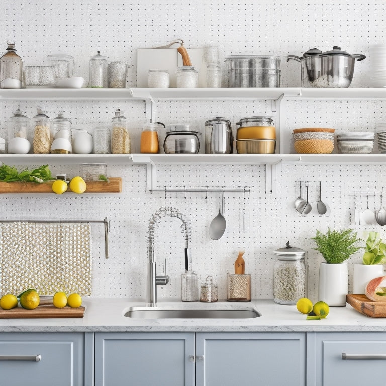 A bright, modern kitchen with a clean and organized layout, featuring a utensil-filled pegboard, labeled spice jars, a tidy cookbook shelf, and a sparkling stainless steel sink area.