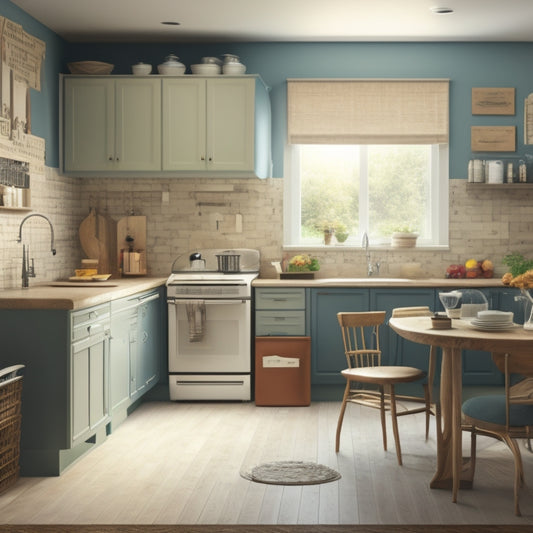 A clean and organized kitchen with a centrally placed island, utensils and appliances labeled, a calendar on the wall, and a trash can with a recycling bin beside it.