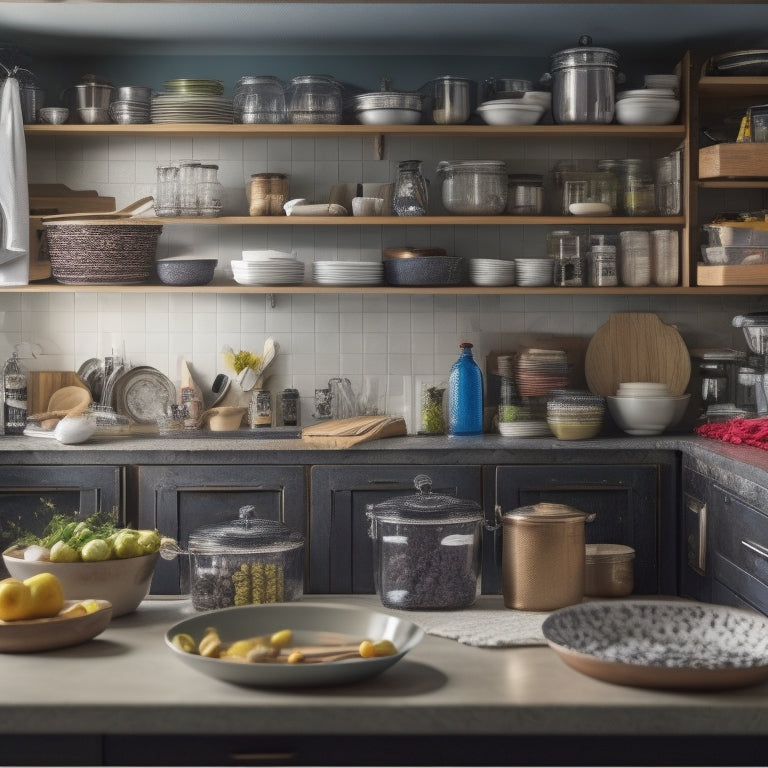 A cluttered kitchen with stacked dirty dishes, utensils scattered on countertops, and a disorganized pantry, contrasted with a tidy kitchen in the background featuring a sleek organizer system with labeled bins and a spotless countertop.