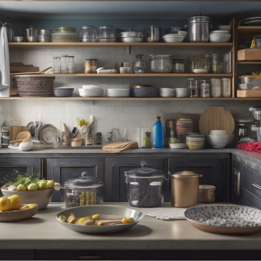 A cluttered kitchen with stacked dirty dishes, utensils scattered on countertops, and a disorganized pantry, contrasted with a tidy kitchen in the background featuring a sleek organizer system with labeled bins and a spotless countertop.