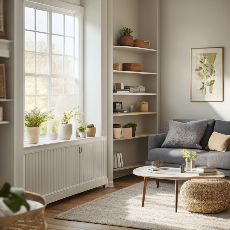 A serene, minimalist living room with a few, carefully selected decorative pieces, a tidy bookshelf, and a small, organized desk in the corner, surrounded by plenty of natural light.